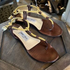 Jimmy Choo, size 7 (EU 37.5) Dark Brown Leather Silk Thong Sandals
